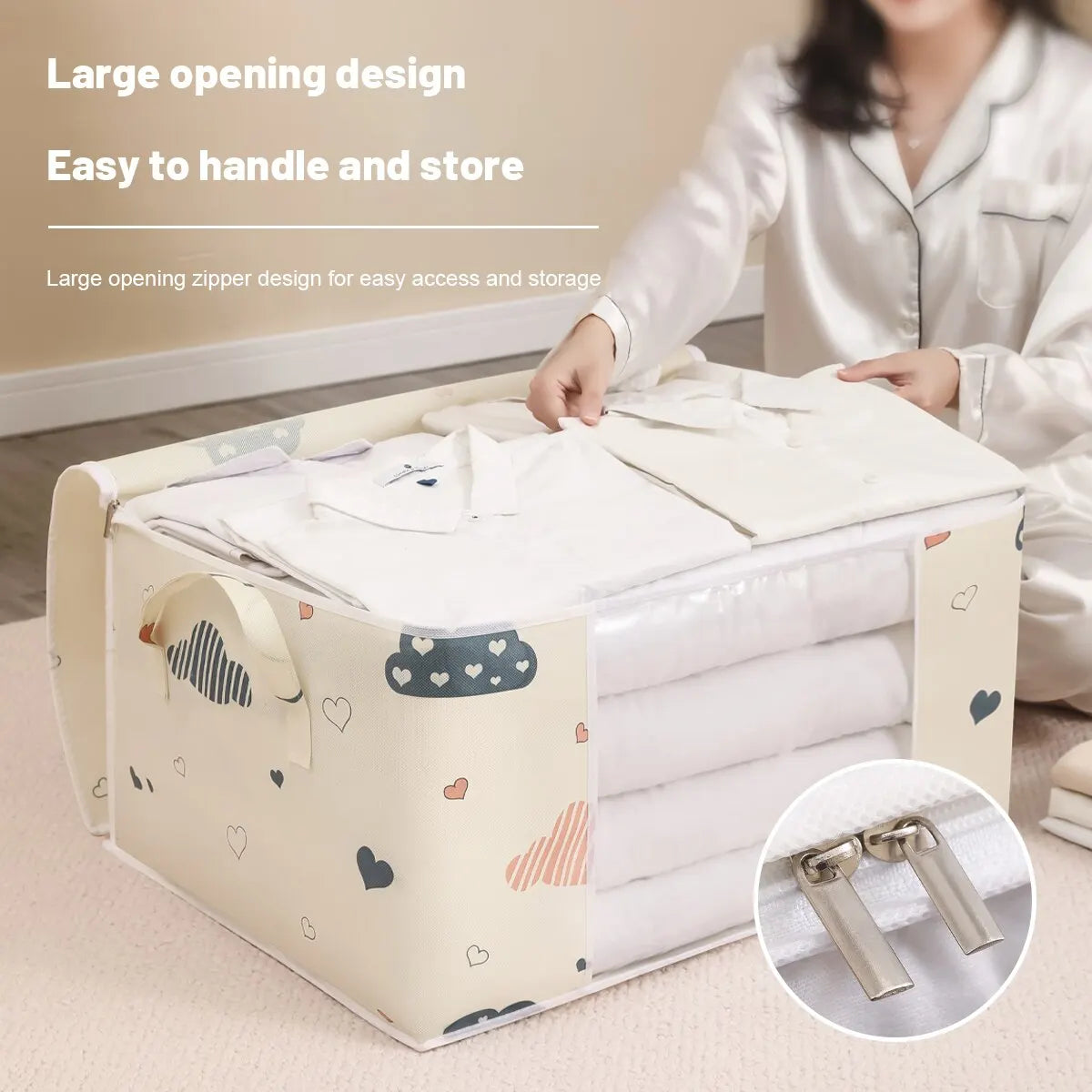 Large Capacity Clothes Storage Bag – Foldable Blanket & Bedding Organizer with Zipper & Reinforced Handles