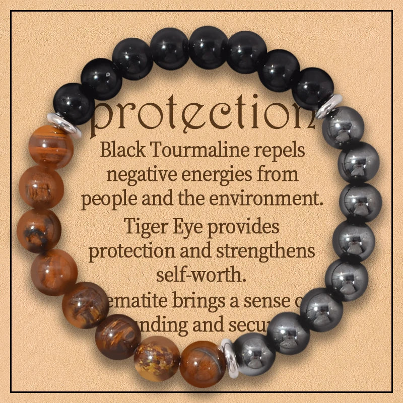 Triple Protection Bracelet:Tiger Eye, Black Obsidian, & Hematite 8mm Round Protection Crystals (Gemstone Stretch Bracelet)