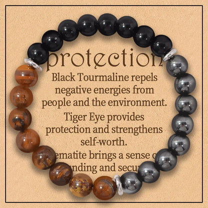 Triple Protection Bracelet:Tiger Eye, Black Obsidian, & Hematite 8mm Round Protection Crystals (Gemstone Stretch Bracelet)