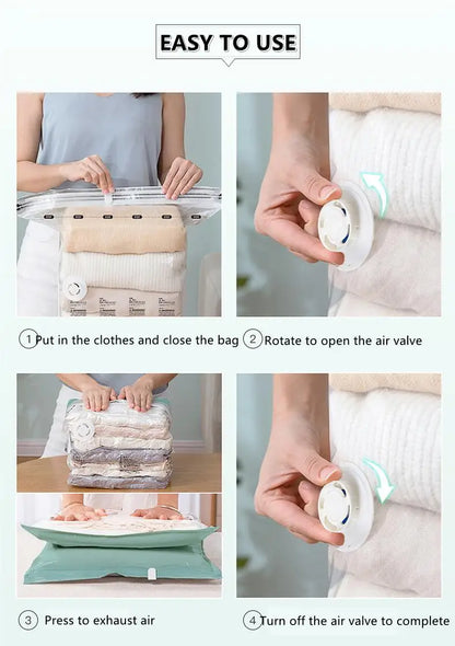 No-Pump Vacuum Storage Bags – Large Compression Bags for Clothes & Blankets (Space-Saving, Dust-Proof)