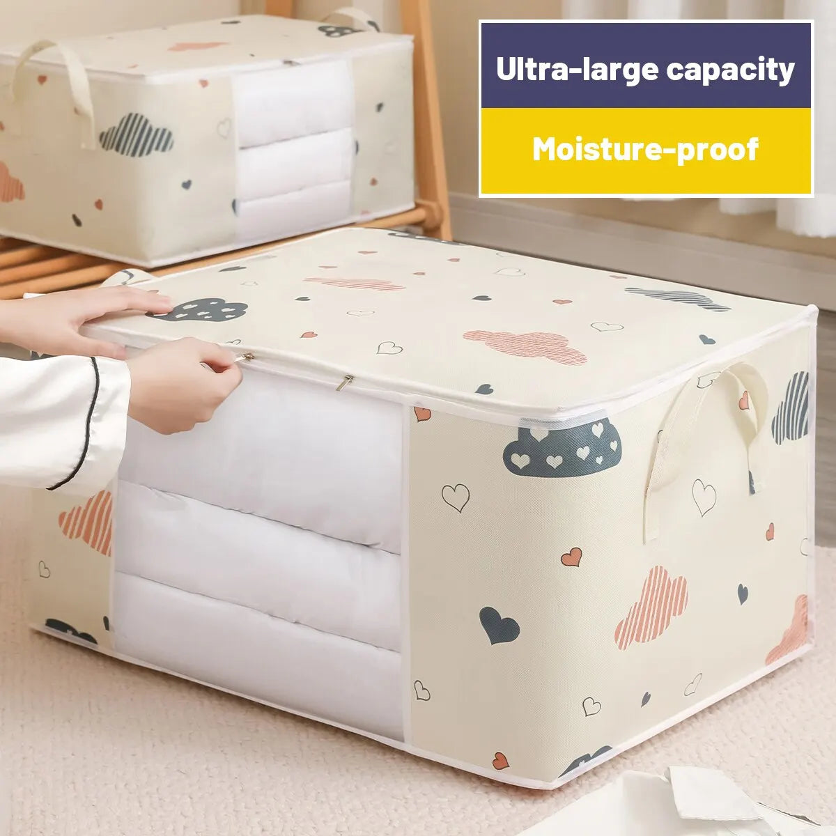 Large Capacity Clothes Storage Bag – Foldable Blanket & Bedding Organizer with Zipper & Reinforced Handles